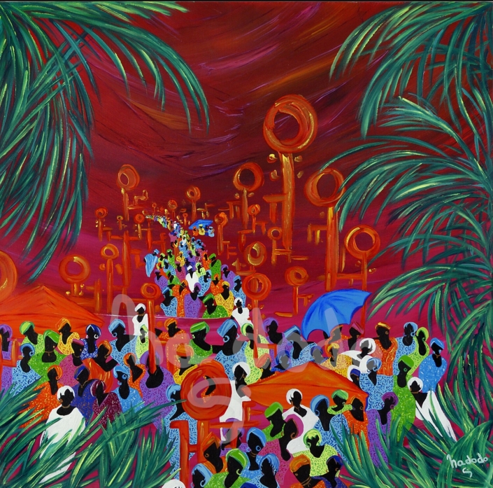 Tableau de Nadodo : Le Marché Musical (acrylique sur toile de lin - 100x100cm)