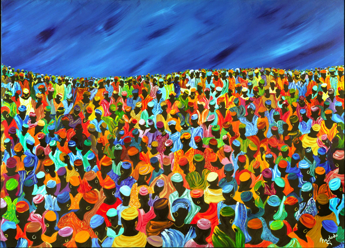 L'Intrus : Œuvre unique de Nadodo en peinture acrylique sur toile de lin. Année de création : 2002. Dimensions : L. 130 x H. 97 x P. 4 cm