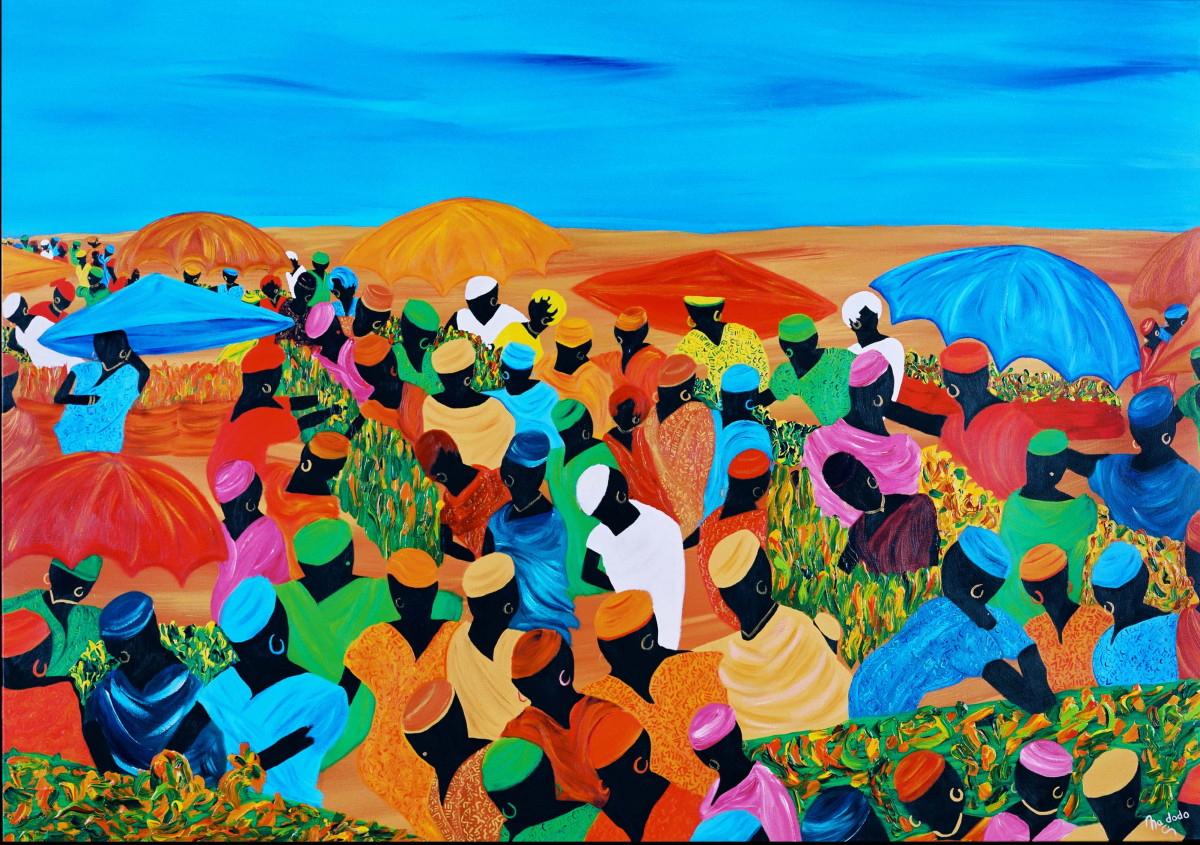 Le marché aux couleurs : Œuvre unique de Nadodo en peinture acrylique sur toile de lin. Année de création : 2003. Dimensions : L. 162 x H. 114 x P. 5 cm