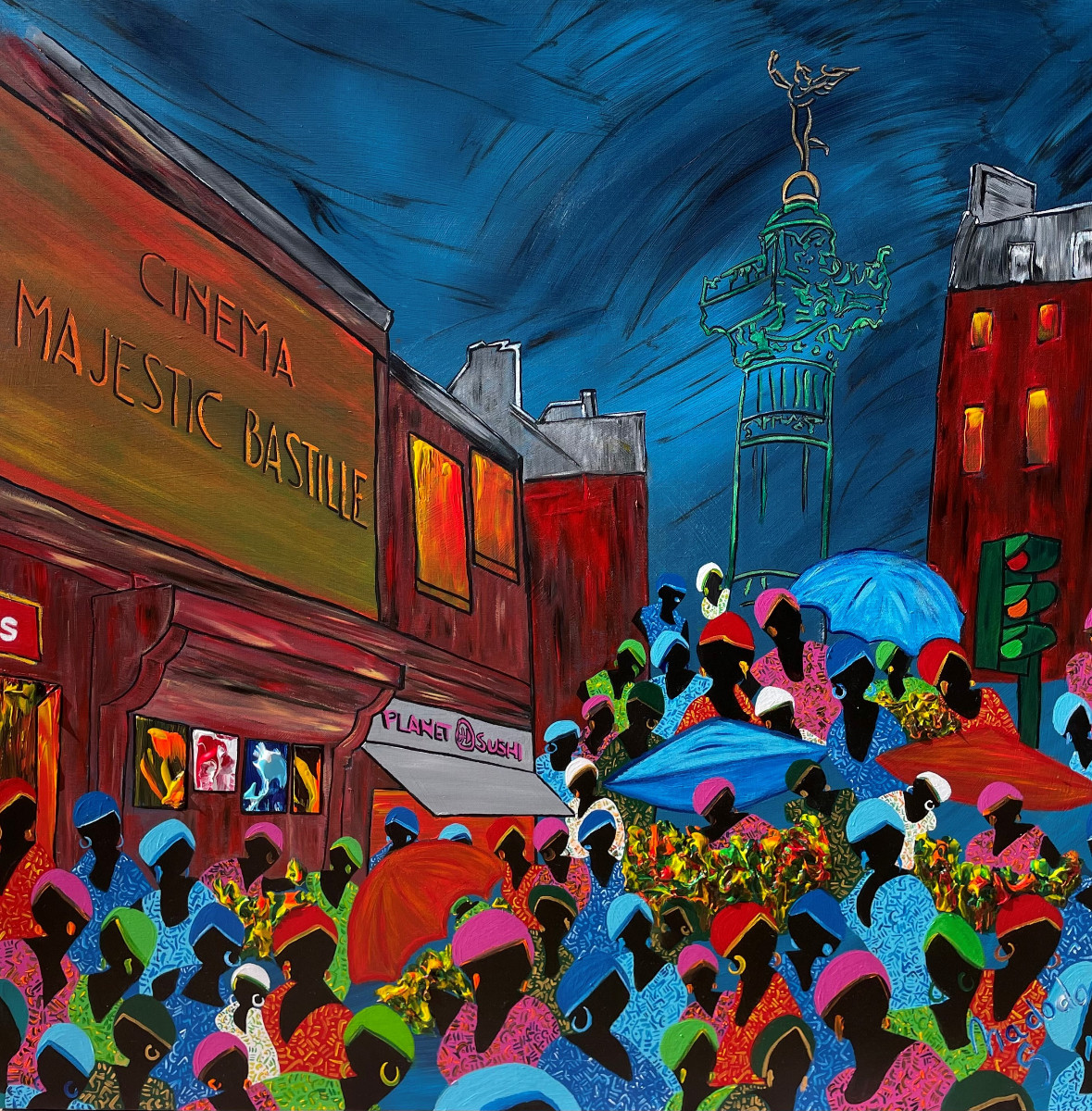 Le marché de Bastille : Œuvre unique de Nadodo en peinture acrylique sur toile de lin. Année de création : 2022. Dimensions : L. 100 x H. 100 cm