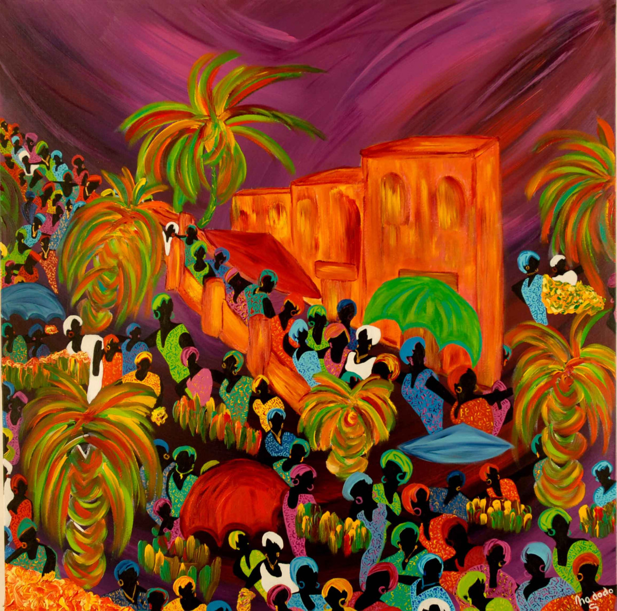 Le marché de la rue : Œuvre unique de Nadodo en peinture acrylique. Année de création : 2006. Dimensions : L. 100 x H. 100 x P. 5 cm