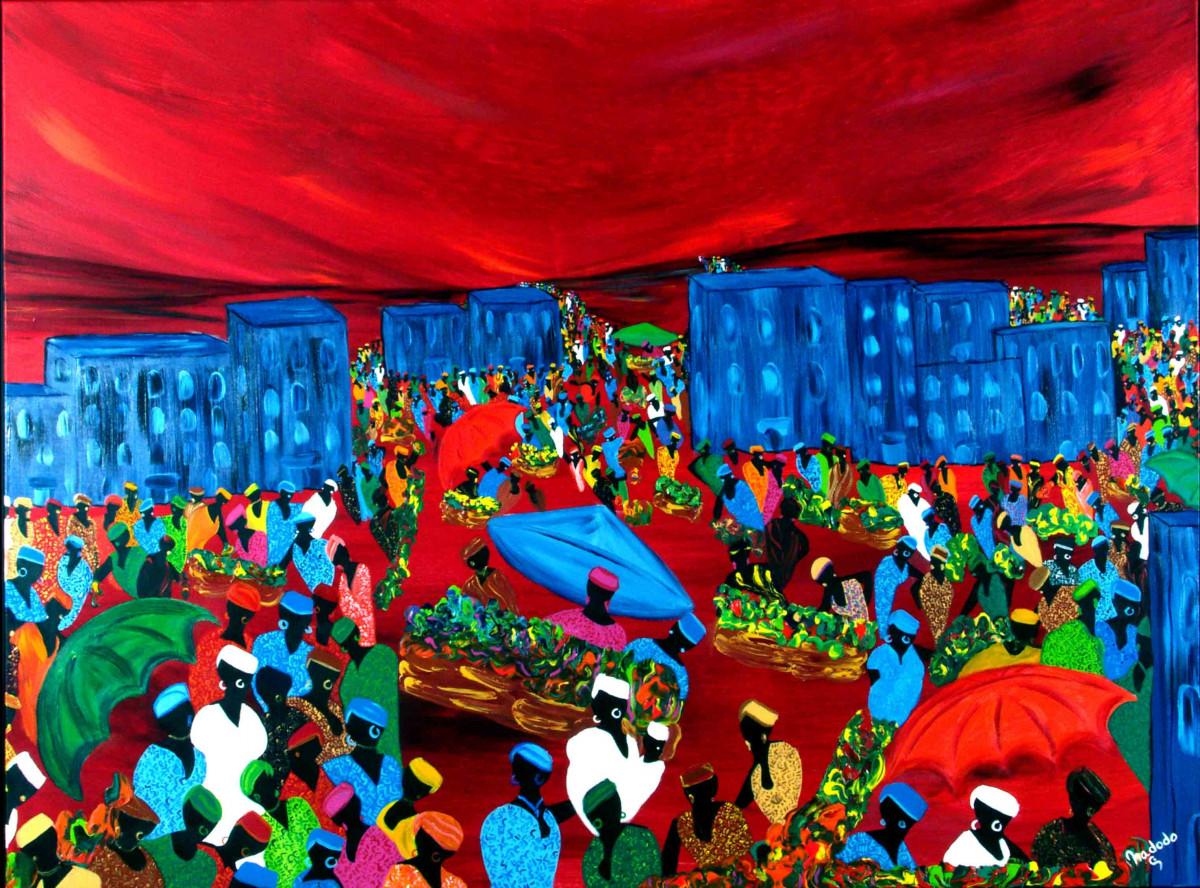 Le marché de la ville : Œuvre unique de Nadodo en peinture acrylique. Année de création : 2005. Dimensions : L. 146 x H. 97 x P. 5 cm