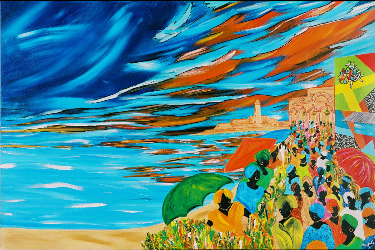 Le marché du Malecon : Œuvre unique de Nadodo en peinture acrylique. Année de création : 2003. Dimensions : L. 146 x H. 97 x P. 4 cm