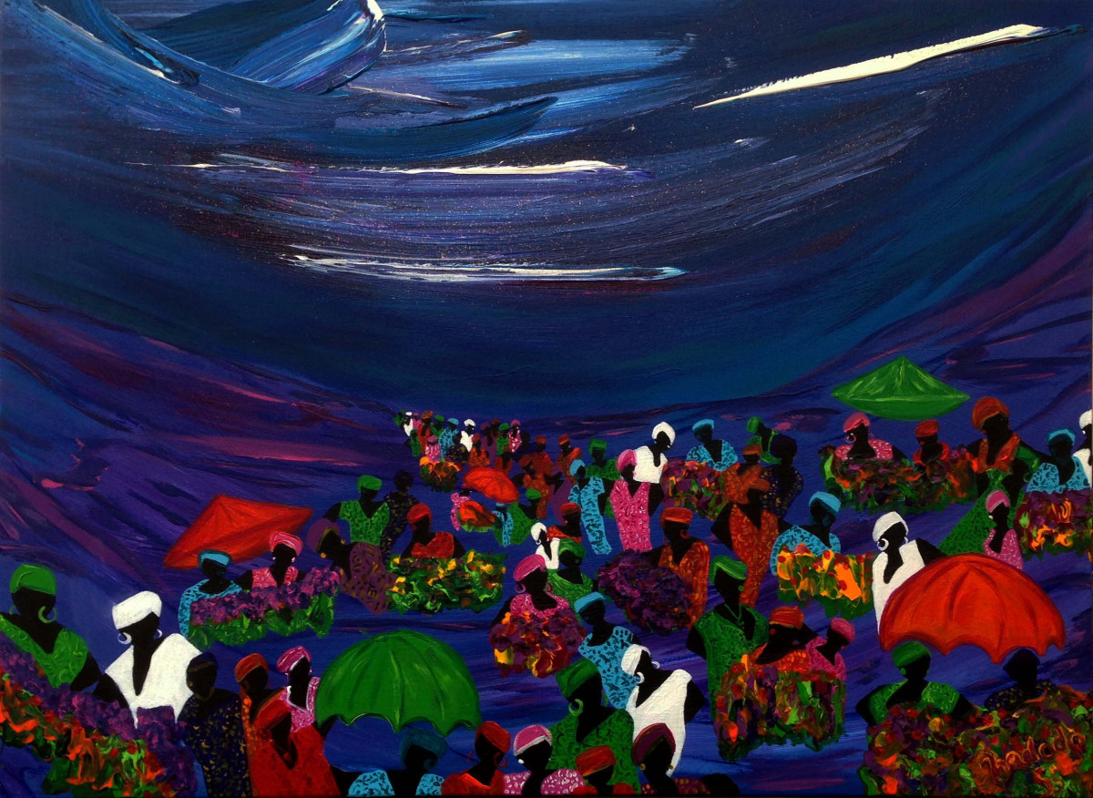 Le marché sous les étoiles : Œuvre unique de Nadodo en peinture acrylique. Année de création : 2013. Dimensions : L. 80 x H. 60 x P. 5 cm