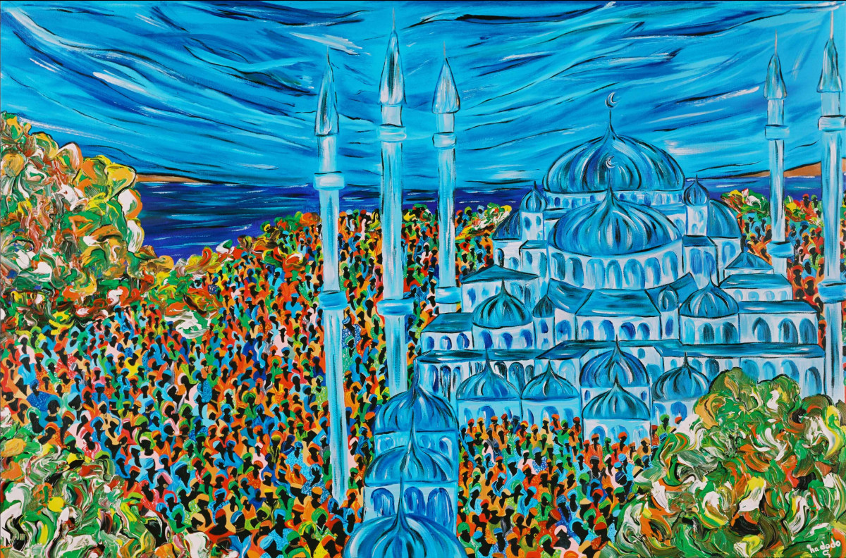 Rendez-vous a la mosquée : Œuvre unique de Nadodo en peinture. Année de création : 2005. Dimensions : L. 146 x H. 97 x P. 3 cm