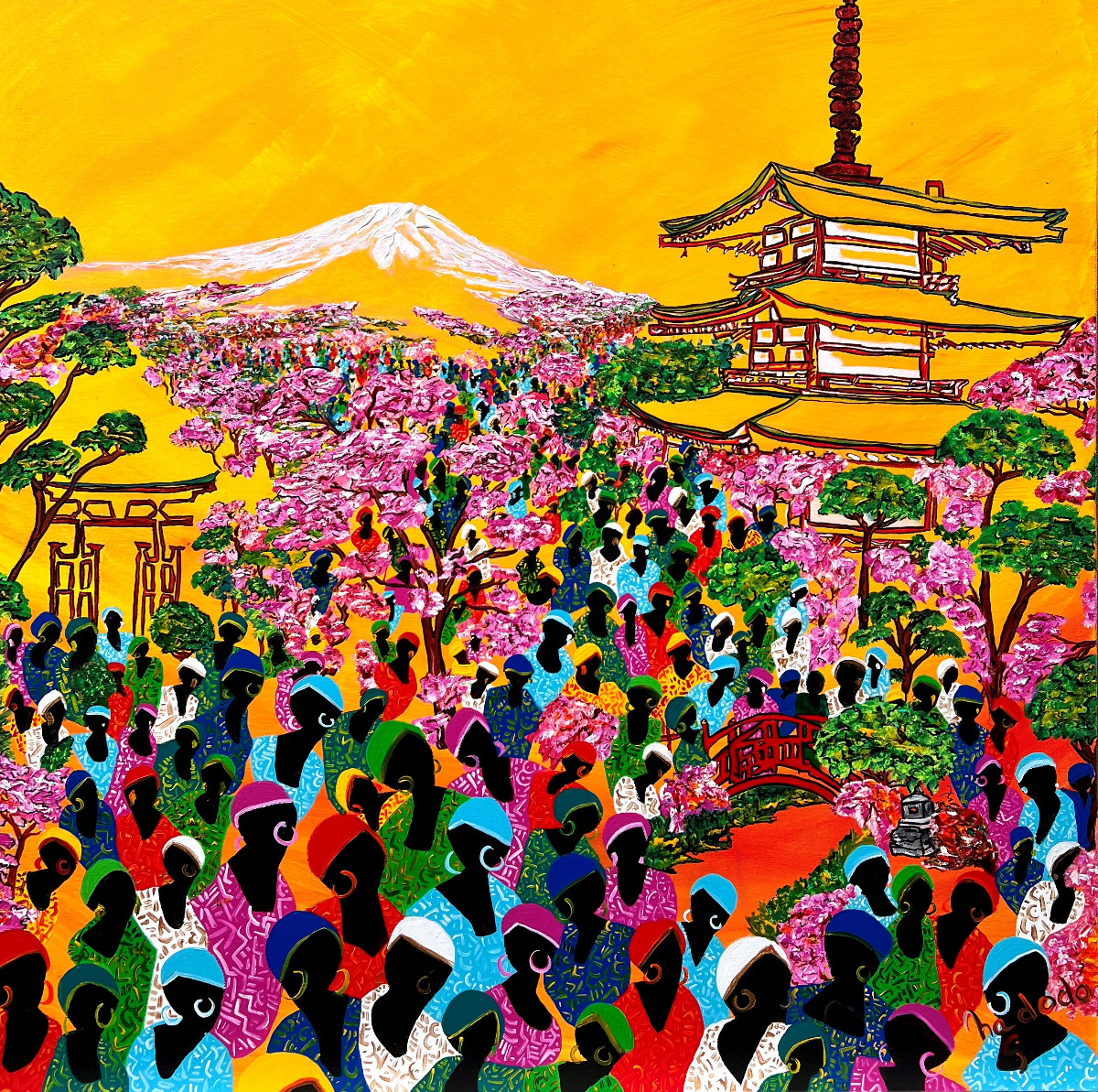 Rendez-vous au mont Fuji : Œuvre unique de Nadodo en peinture acrylique sur toile de lin. Année de création : 2023. Dimensions : L. 100 x H. 100 cm