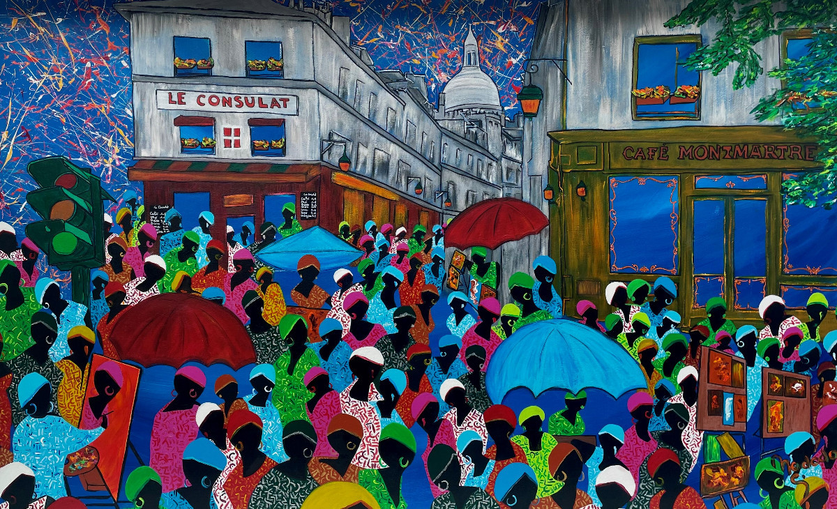 Rue Norvins : Œuvre unique de Nadodo en peinture acrylique sur toile de lin. Année de création : 2021. Dimensions : L. 146 x H. 90 x P. 3 cm