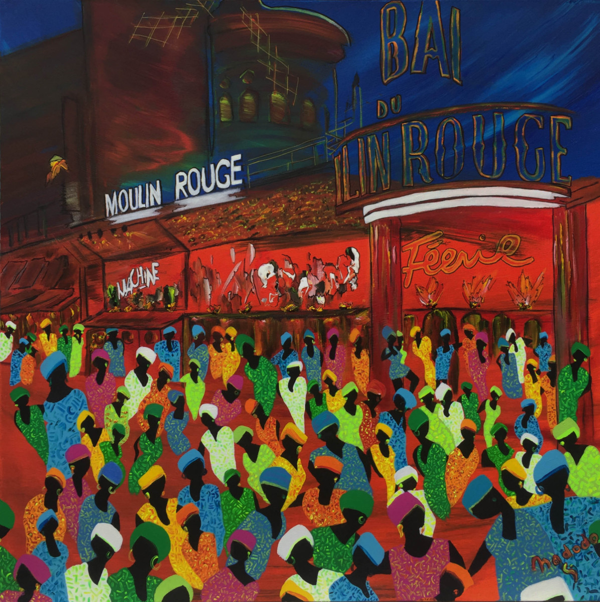 Soirée d'Anniversaire au Moulin Rouge : Œuvre unique de Nadodo en peinture acrylique. Année de création : 2016. Dimensions : L. 100 x H. 100 x P. 3 cm