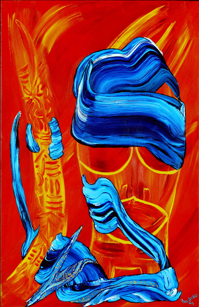 Tiki toi : Œuvre unique de Nadodo en peinture acrylique. Année de création : 2003. Dimensions : L. 65 x H. 100 x P. 5 cm